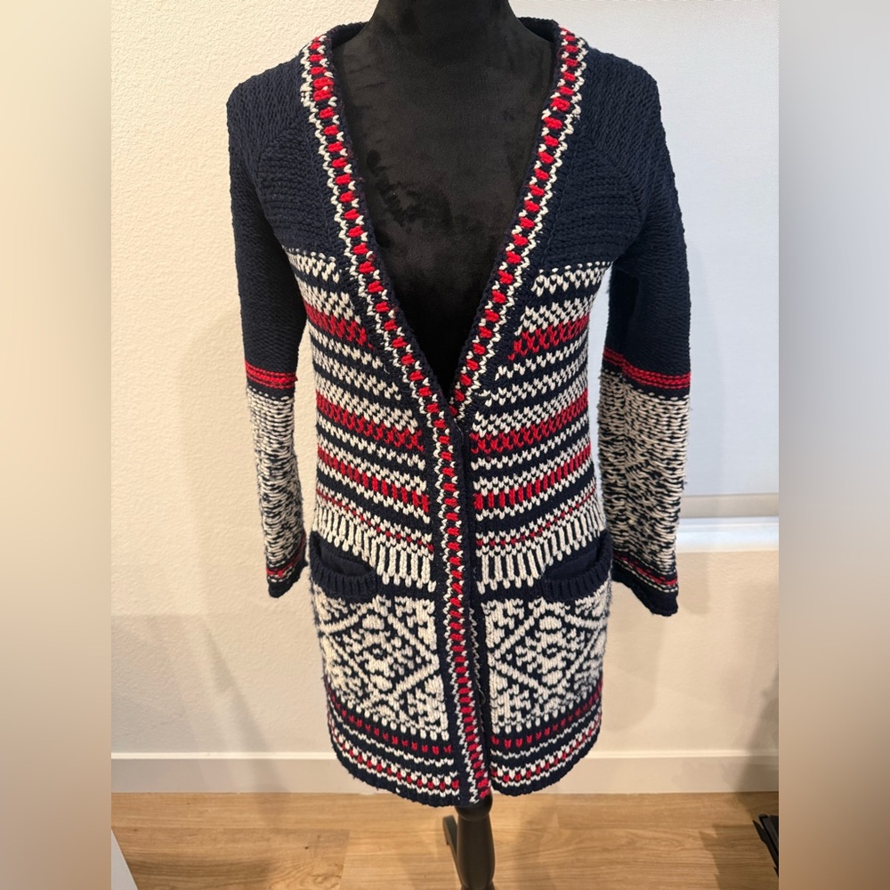 Free People Fair Isle Knit Long Cardigan – Navy – Size Small